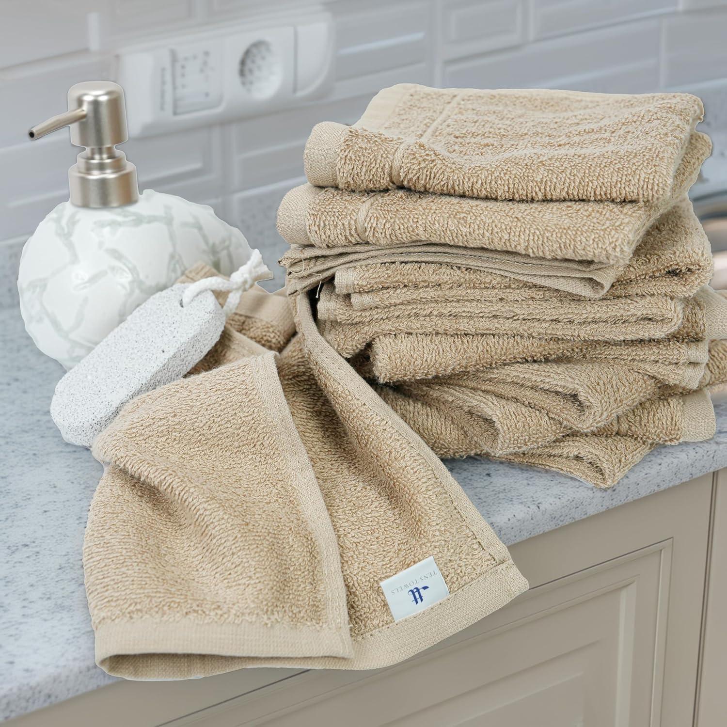 imageTens Towels Pack of 12 Washcloths 12 x 12 Inches Lighter Weight Quick to Dry Super Soft ampamp Absorbent Gentle Face Towels Hotel Quality Perfect for Bathroom Gym Spa Dark Grey 12 PackBeige