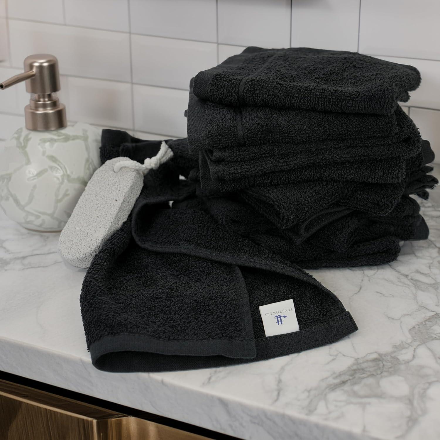 imageTens Towels Pack of 12 Washcloths 12 x 12 Inches Lighter Weight Quick to Dry Super Soft ampamp Absorbent Gentle Face Towels Hotel Quality Perfect for Bathroom Gym Spa Dark Grey 12 PackBlack