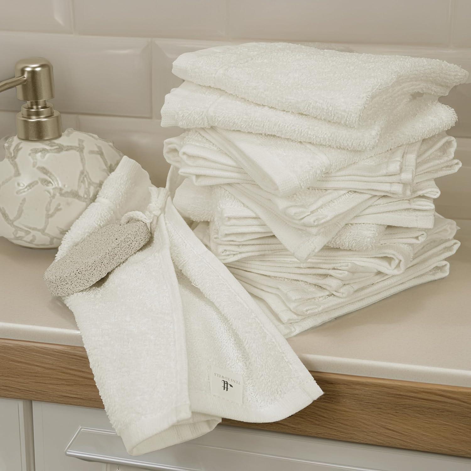 imageTens Towels Pack of 12 Washcloths 12 x 12 Inches Lighter Weight Quick to Dry Super Soft ampamp Absorbent Gentle Face Towels Hotel Quality Perfect for Bathroom Gym Spa Dark Grey 12 PackIvory