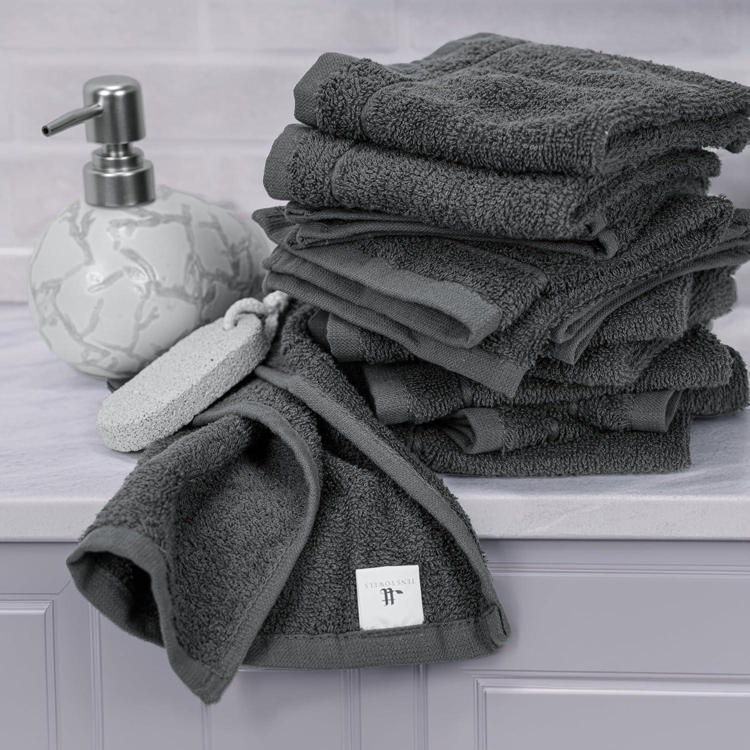 imageTens Towels Pack of 12 Washcloths 12 x 12 Inches Lighter Weight Quick to Dry Super Soft ampamp Absorbent Gentle Face Towels Hotel Quality Perfect for Bathroom Gym Spa Dark Grey 12 PackDark Grey