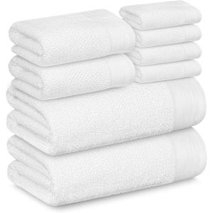 Tens Towels Pack of 8 Popcorn Textured Luxury Towels Set, 2 Extra Large Bath, 2 Hand, 4 Washcloths, 100% Cotton, Plush Hotel Quality, Super Absorbent, Perfect for Your Bathroom, Black(White)