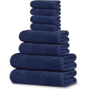 Tens Towels Pack of 8 Towels Set, 2 Extra Large Bath, 2 Hand, 4 Washcloths, 100% Cotton, Lighter Weight, Quicker to Dry, Super Absorbent, Perfect for Bathroom, Beige(Navy)