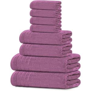 Tens Towels Pack of 8 Towels Set, 2 Extra Large Bath, 2 Hand, 4 Washcloths, 100% Cotton, Lighter Weight, Quicker to Dry, Super Absorbent, Perfect for Bathroom, Beige(Purple)