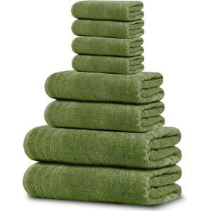 Tens Towels Pack of 8 Towels Set, 2 Extra Large Bath, 2 Hand, 4 Washcloths, 100% Cotton, Lighter Weight, Quicker to Dry, Super Absorbent, Perfect for Bathroom, Beige(Green)