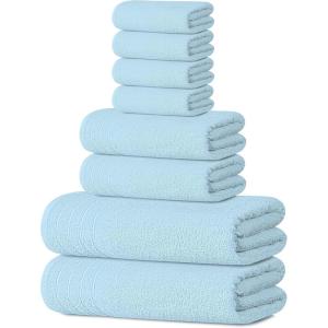 Tens Towels Pack of 8 Towels Set, 2 Extra Large Bath, 2 Hand, 4 Washcloths, 100% Cotton, Lighter Weight, Quicker to Dry, Super Absorbent, Perfect for Bathroom, Beige(Sky Blue)