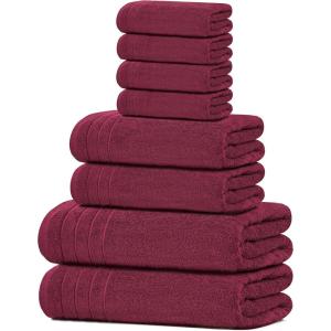 Tens Towels Pack of 8 Towels Set, 2 Extra Large Bath, 2 Hand, 4 Washcloths, 100% Cotton, Lighter Weight, Quicker to Dry, Super Absorbent, Perfect for Bathroom, Beige(Burgundy)